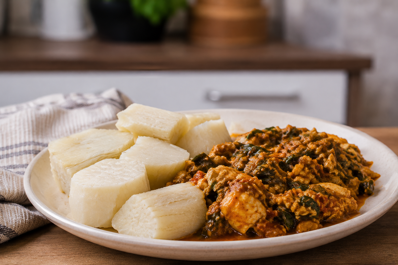 A traditional Ghanaian yam meal, plated at home